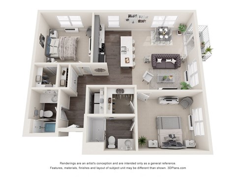Floor plan for 2 beds, 2 baths, 1080 sqft
